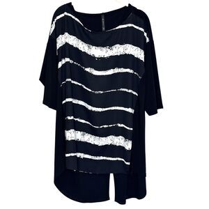 IC by Connie K Shirt Womens Large Black White Striped Oversized Tunic Made USA